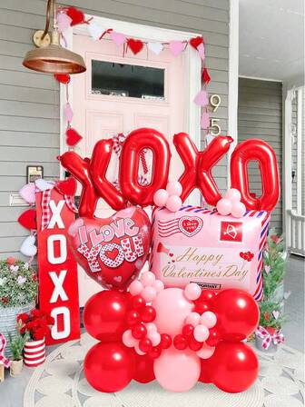 56pcs Valentine's Day Party Decoration Balloon Set, Including 16-Inch Red "XOXO" Letter Foil Balloons, Pink Love Letter/Envelope Shaped Balloons, 18-Inch "I Love You" Heart Shaped Balloons, Suitable For Valentine's Day, Birthday, Wedding, Anniversary, Confession, Scene Atmosphere Decoration, Photo Booth Props, Party Decor
