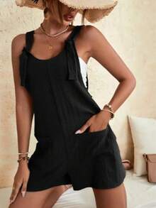 Women's Solid Color Wide Shoulder Strap Practical Pockets Simple Casual Jumpsuit - màu đen - Xem 3