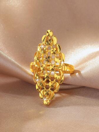 1 adet Zarif, Çok Yönlü, 24 Ayar Altın Kaplama İçi Boş Yaprak Tasarımlı Ayarlanabilir Yüzük, Kadınların Günlük Kullanımına Uygun