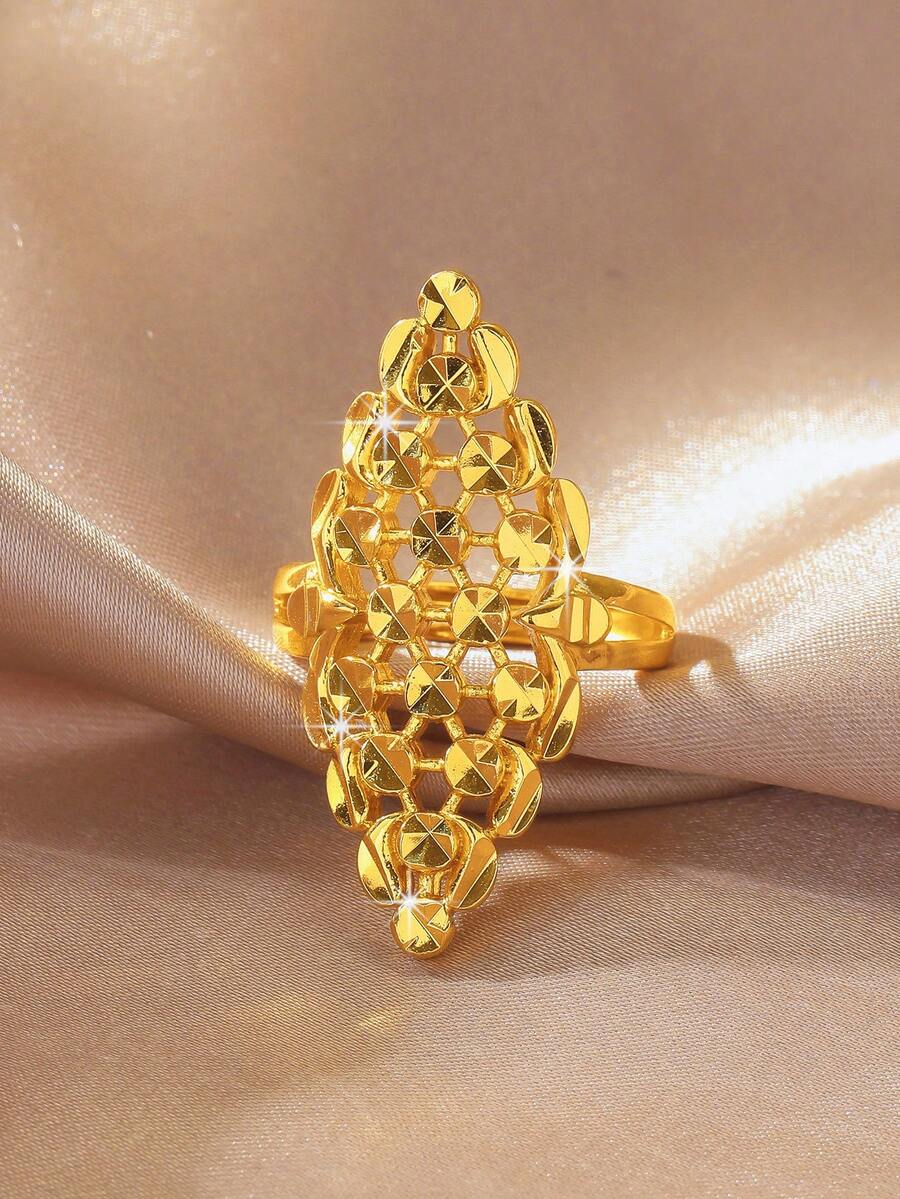 1pc Elegant Versatile 24K Gold Plated Hollow Leaf Design Adjustable Ring, Suitable For Women's Daily Wear - Yellow Gold - View 1