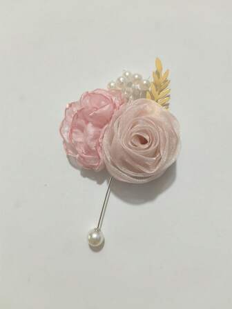 1pc Unisex Elegant Champagne Rose & Camellia Flower Brooch With Golden Leaves, Romantic Floral Lapel Pin For Groom, Bride, Groomsman, Bridesmaid, Wedding, Prom, Party, Banquet Decoration
