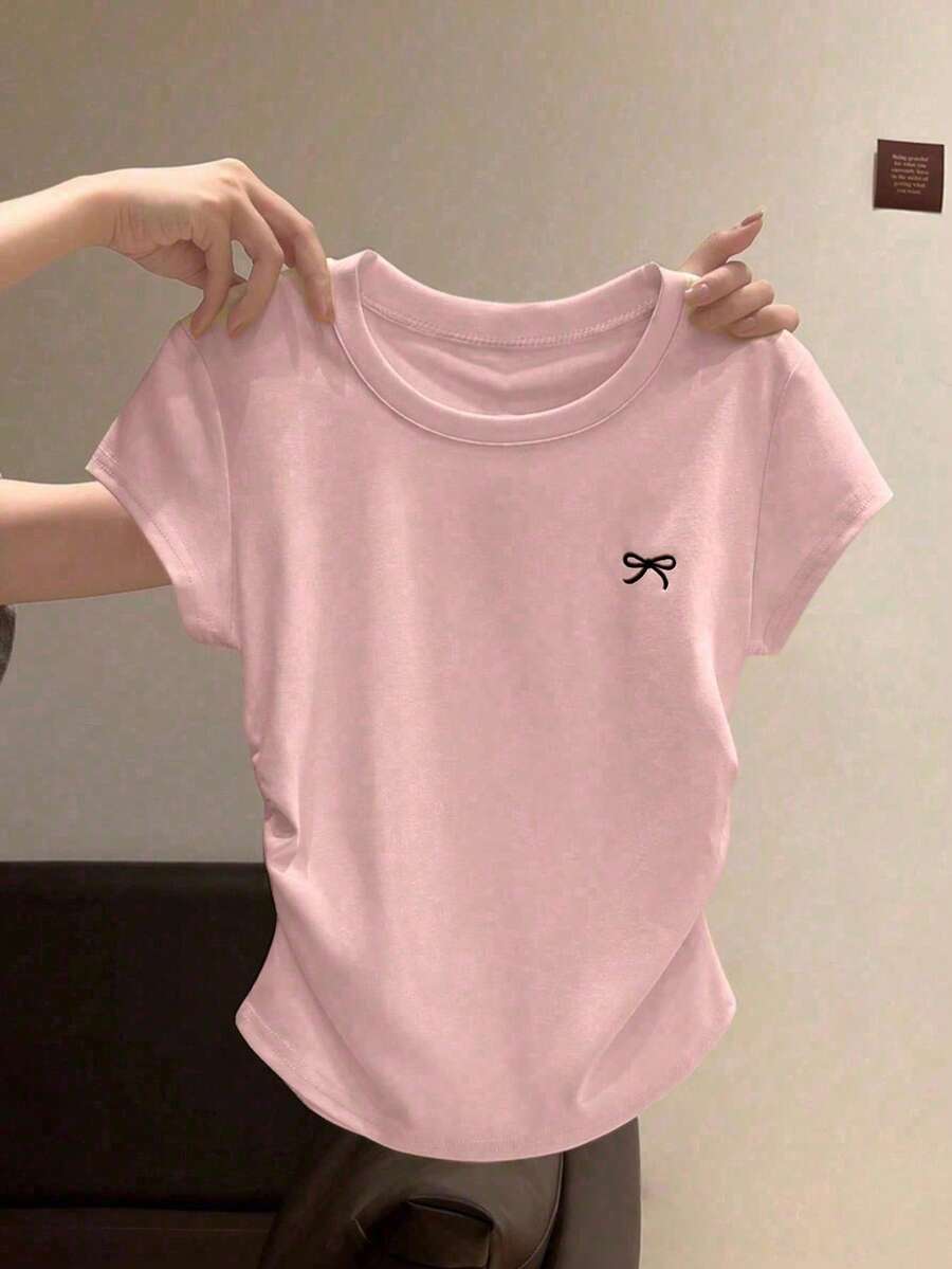Girls' Bow Embroidery T-Shirt, Ruffle Waist Fitted Casual Round Neck Tops, Versatile For Tween Girls - Baby Pink - View 1