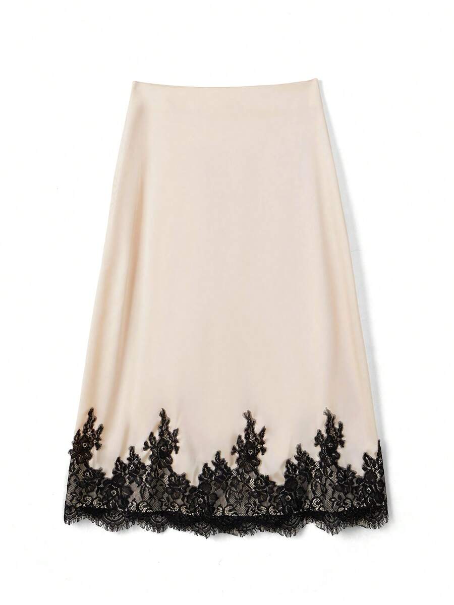 Women Patchwork Lace Mid Skirt Elegant A-Line Mid Rise Skirts For Summer Spring Fall - 香檳色 - 查看 1