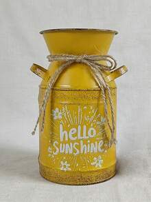 Turmeric-Colored Metal Decorated Milk Jar Vase, Vintage Distressed Iron With Jute Rope Tie, Printed With "Hello Sunshine" Text And Floral Pattern, Brings Fresh And Vibrant Atmosphere. Can Be Used As A Vase For Spring Branches And Dried Flowers, Or As A Storage Jar, Suitable For Desk, Windowsill Decor, Spring Home And Store Display. - Yellow Double-handled Milk Jug - View 10