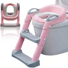 Asiento de Entrenamiento para Niños con Escalera Plegable - Taburete Infantil para Taza de Baño, Cojín de PVC, Asiento Tapizado de Entrenamiento Baño Niño, Escalera Antideslizante, Ergonómico (Gris) - Rosa, PVC - Ver 13