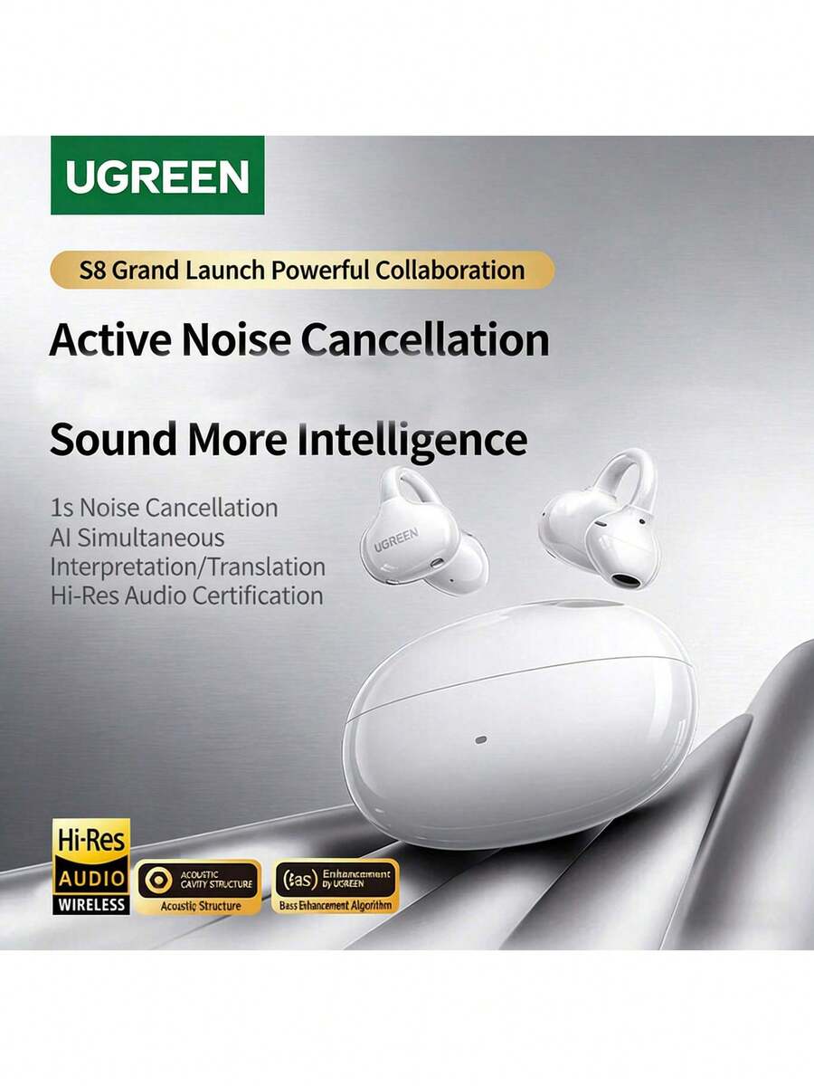UGREEN Auriculares inalámbricos Bluetooth con clip WS218 (HiTune S8, blanco): diseño liviano para un uso prolongado y cómodo; cancelación activa de ruido + transmisión de sonido direccional; sonido claro en entornos ruidosos como viajes diarios a la oficina; compatible con múltiples modelos de dispositivos.
