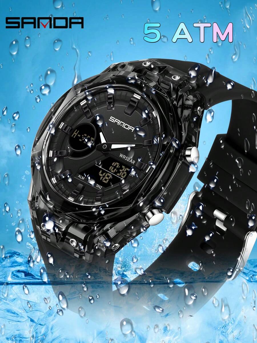 Đồng hồ nam SANDA 6283 thời trang, máy quartz, màn hình kép, đèn nền ban đêm, báo thức, chống sốc, đồng hồ thể thao kỹ thuật số. - màu đen - Xem 1