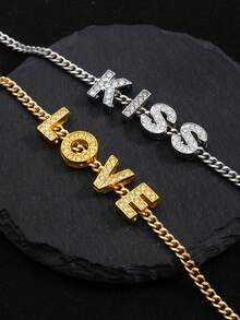 2pcs European & American Fashion Hip-Hop KISS, LOVE Chain Bracelets, Suitable For Daily Wear - Multicolor - View 4