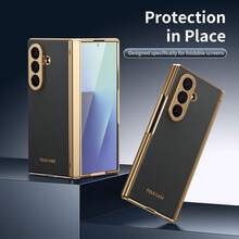 VIETAO 電鍍材質人造皮革全包覆保護手機殼，適用於 Galaxy Z Fold 7 6 5 4 8 Ultra Fold7 Fold6 Fold5 Fold4，附鋼化玻璃螢幕保護膜手機殼 - 黑色 - 查看 10