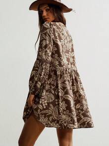 Rusttydustty 条纹蕾丝V领休闲长袖经典咖啡色连衣裙，波西米亚风沙滩裙，适合音乐节及类似场合，优雅春季款 - 咖啡 - 查看 3