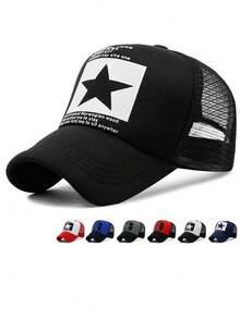 Mũ lưỡi trai in hình ngôi sao thoáng khí mới, mũ trucker có thể điều chỉnh, mũ thời trang unisex bằng polyester in chữ, chống gió và tia UV, thích hợp cho mùa xuân và mùa hè. - mũ - Xem 1