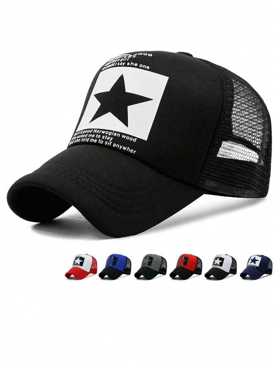 Mũ lưỡi trai in hình ngôi sao thoáng khí mới, mũ trucker có thể điều chỉnh, mũ thời trang unisex bằng polyester in chữ, chống gió và tia UV, thích hợp cho mùa xuân và mùa hè. - mũ - Xem 1