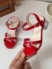 Girls' Elegant High Heel Sandals, Size 26-36 | Chunky Transparent Heel And Ankle Strap | Multi-Color Metallic Shoes, Suitable For Flower Girl, Communion And Formal Occasions - Red - View 4