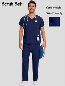 Scrubs Set For Men V-Neck Nursing Scrub Top And Pant Working Uniform Elastic Waistband With 8 Pocket
