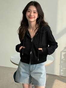 Sweatshirt Hoodie Pendek Wanita Motif Warna Polos dengan Resleting Ganda, Pakaian Luar Musim Dingin Tipis, Musim Gugur, Sweatshirt Resleting Hitam Gaya Y2K, Cocok untuk Pemakaian Sehari-hari dan Kembali ke Sekolah - Hitam - View 2