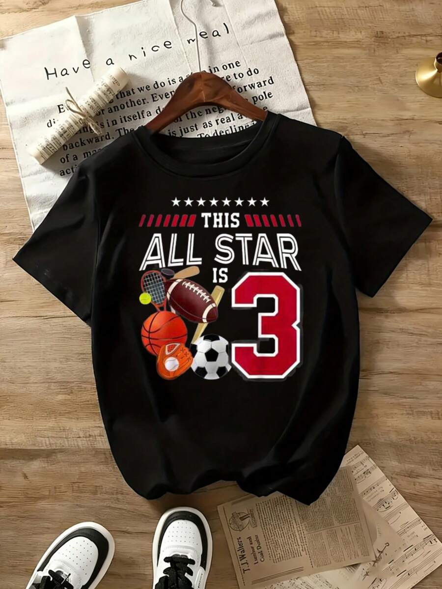 Fun Printed T Shirt This All Star Is 3 Sports Jersey T Shirt For Kids And Toddlers With Football Basketball Soccer And Tennis Design Black ColorSuitable  For Sports Activitiesholiday Partiesoutingssports T Shirt - 白色 - 查看 1