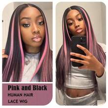 BMNH 13x4 Lace Front Wig, 180% Density, Wavy Curly, Ombre Pink & Black, Glueless Lace Front Wig, Highlight Pink - SNatural/Pink - View 3
