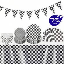 1 Set Black & White Checkered Petal Shaped Disposable Plates, Napkins, Cups, Tablecloth And Banners, Party Supplies Set For 16 Guests, Suitable For Birthday, Wedding, Theme Party, Family Picnic - Multicolor - View 1