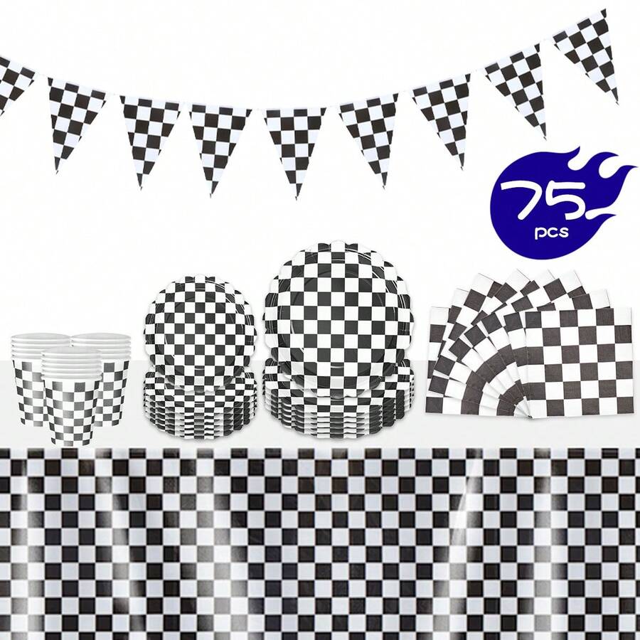 1 Set Black & White Checkered Petal Shaped Disposable Plates, Napkins, Cups, Tablecloth And Banners, Party Supplies Set For 16 Guests, Suitable For Birthday, Wedding, Theme Party, Family Picnic - Multicolor - View 1