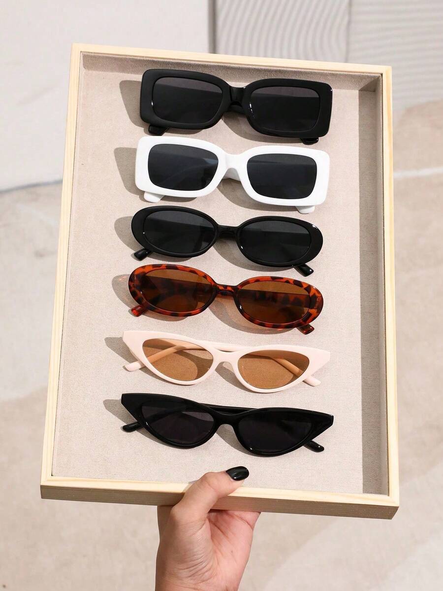 6pcs Women's Plastic Square & Oval Cat Eye Frame Fashion Sunglasses, Suitable For Outdoor Travel, Beach, Rave Party, Daily Wear - 6PCS 黑白灰米白茶 - 查看 1
