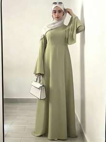 Dignified And Elegant Women's Dress, Olive Green Long Sleeve Loose Long Dress, Casual Daily Wear Spring - Lime Green - View 7