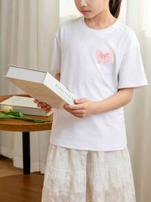 少女学生休闲印花白色圆领短袖T恤，夏季上衣 - 白色 - 查看 3