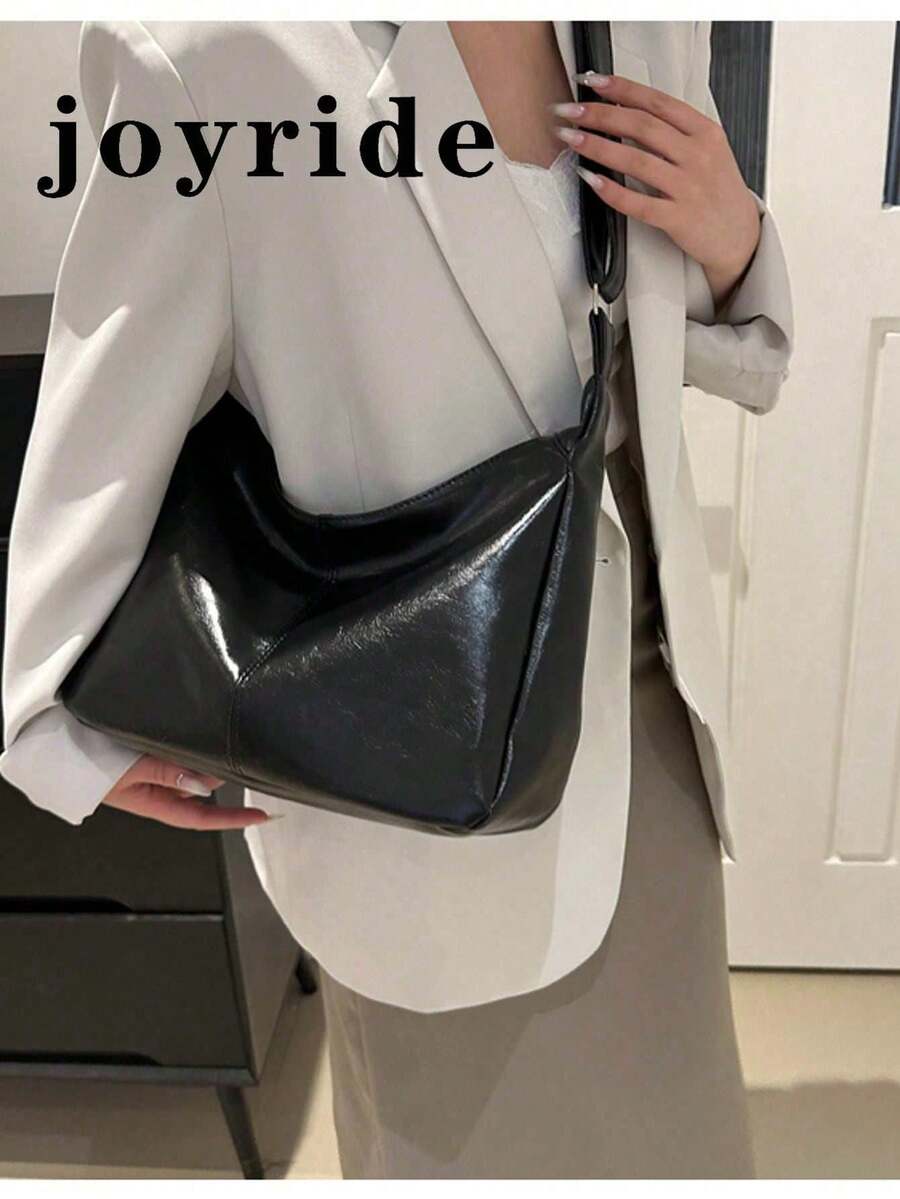Retro Stylish Large Capacity Silver Metallic Tote Bag, High-Quality PU Material, Fashionable & Versatile Shoulder/Crossbody Bag For Work & Commute - Black - View 1