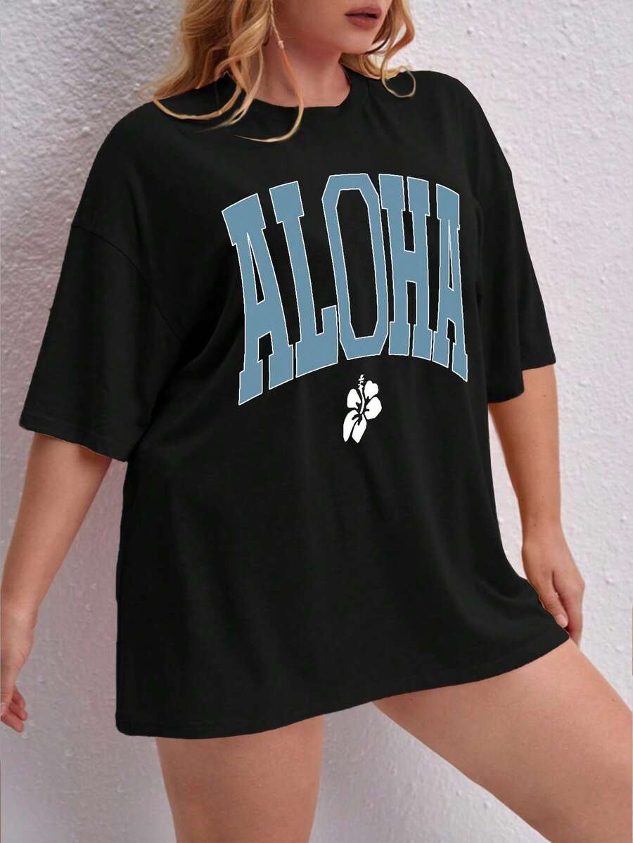 Camiseta Oversized Estampada Aloha Flor T Shirt Blusa Verão Primavera Manga Curta academia Leve - Preto - Visão 1