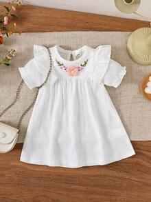 Baby Girl Solid Woven Dress, Soft Bubble Crepe, Floral Embroidery Round Neck Design, Ruffle Hem - White - View 5