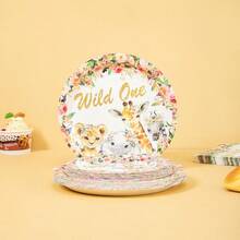 一套花卉动物主题一周岁生日一次性餐具，包括餐盘、餐巾纸、杯子、桌布和三角旗，适合16位客人使用，一次性纸盘，适用于生日、婚礼、主题派对、家庭野餐等场合。 - 彩色 - 查看 3