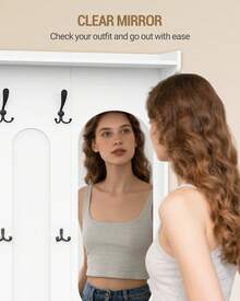 HEXCELEN Coat Rack With Shoe Bench, Wardrobe With Mirror, Shoe Storage, 10 Hooks, Adjustable Shelves, Freestanding, For Entrance Area, Hallway, 35.5 X 100 X 185 Cm, White - White - View 3