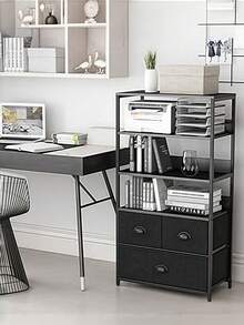 Armario de almacenamiento de cuatro niveles con tres cajones de tejido PU -estructura metálica negra- adecuado para salones, oficinas, dormitorios y cocinas, lo que lo convierte en una opción ideal para organizar libros, fotografías y objetos decorativos. - Negro - Ver 11