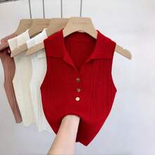 1pc French Style Women Faux Collar With Metal Buckle, Knitted Sleeveless Short Crop Top Undershirt Outerwear Detachable Collar