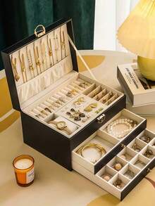 1pc 3-Tier Jewelry Storage Box, Watch Organizer, Earring Holder, Necklace Display, Bracelet Tray, Ring Case, Large Capacity 3-Layer Jewelry Box With Lock, Space-Saving Earring & Accessory Storage Box