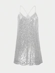 Sexy Backless V-Neck Sequin Bodycon Party Dress, Fashionable & Slimming, Versatile For Summer - Silver - View 2