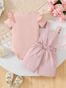 2件套女婴休闲时尚日常甜美可爱粉色针织竖条纹圆领荷叶袖连体衣和粉色编织蝴蝶结刺绣口袋背带短裤套装，夏季 - 粉色 - 查看 4