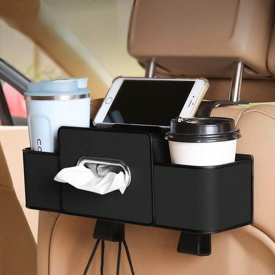 3-In-1 Car Backseat Organizer, Multifunctional Car Seat Back Storage Box, Multifunctional Car Back Seat Storage Organizer-Carstorage Bag With 2 Cup Holders, Tissue Box, Hooks - Black - View 1