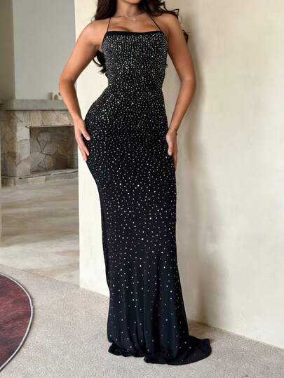 Seksowna, ombre, z kryształkami i ogonem syreny, dopasowana sukienka koktajlowa na imprezę dla kobiet