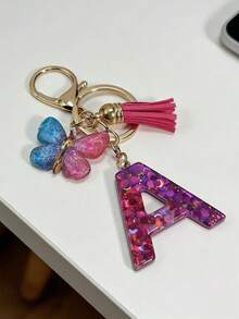 1pc English Letter Keychain, Charm Keyring With Butterfly Tassel Pendant - Contrast Sequins - View 2