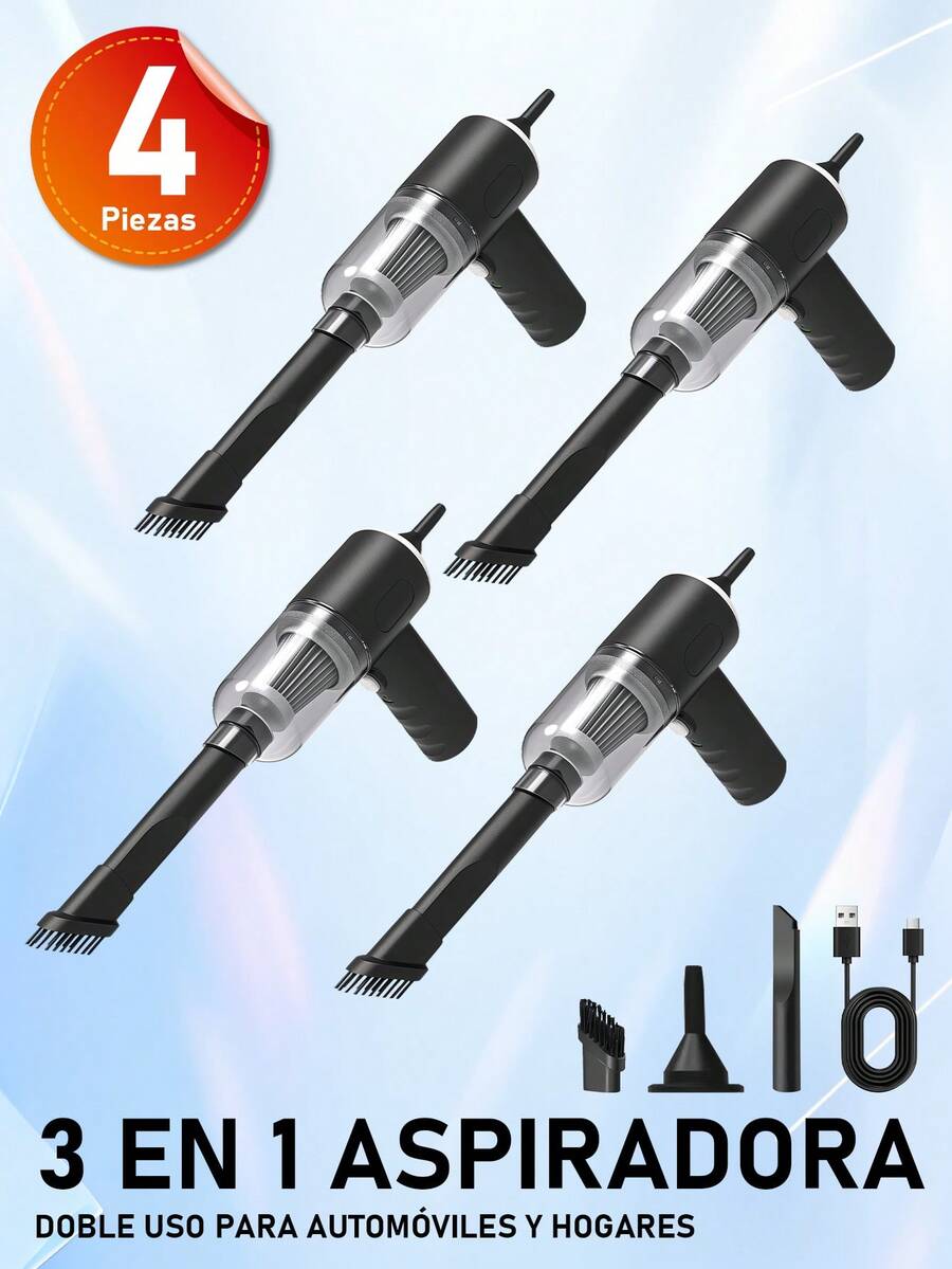 4 piezas Aspiradora inalámbrica portátil con soplador incorporado, aspiradora compacta para automóviles y pequeña aspiradora para computadoras, potencia de succión de 5000Pa. Ideal para uso en el hogar, limpieza de oficinas, eliminación de pelo de mascotas y viajes. Incluye múltiples accesorios.