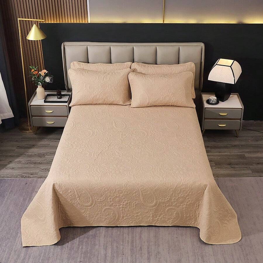 3 PiecesPolyester Peris Embossed Bedspread Set, [2 Pillow Shams, No Pillow Inserts], Stain-Resistant, Suitable For Living Room, Bedroom, Hotel - Camel - View 1