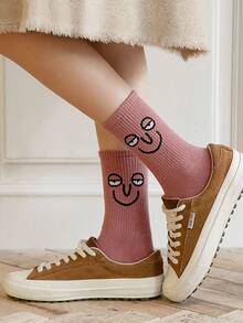 5/10 Pairs Women's Crew Socks, Funny Expression Graphic, Solid Color, Versatile, Sports Socks Suitable For Various Occasions - Multicolor - View 9