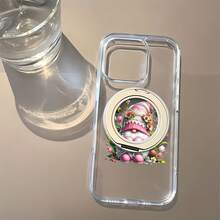 Estuche para teléfono con espejo floral Gnome Love Heart diseñado para  17,  16 Pro Max,  15 Pro Max,  13 y  12 hecho de TPU que ofrece una excelente protección contra golpes y caídas. Presenta un gnomo caprichoso que sostiene un corazón rosa rodeado de flores vibrantes y abejas zumbadoras, perfecto para los amantes de la naturaleza y un regalo encantador para familiares, amigos o cualquier persona que disfrute de un toque de fantasía, ideal para cumpleaños, vacaciones u ocasiones especiales. - transparente - Ver 1