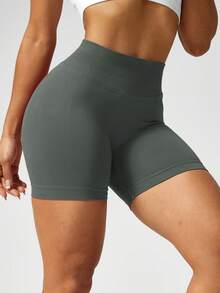 1. Women's Solid Color Short Sleeve Minimalist Top And Elastic Waist Sports Pants Set, Seamless Sports Shorts Set, Women's Fitness Set, Women's Sports Set, Women's Short Tight Pants Set - Grey - View 7