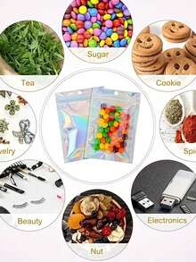 100pcs Holographic Bags, Reusable Resealable Bags In Various Sizes, Laser Rainbow Pattern Self-Sealing Bags, Suitable For Small Business Candy Bags, Front Window Sample Bags, Self-Sealing Bags, Holiday Gift Candy Bags - Multicolor - View 3