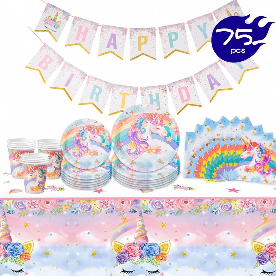 彩虹独角兽生日快乐一次性餐盘、餐巾纸、杯子、桌布和横幅套装，16人份派对用品套装，适合生日、婚礼、主题派对、家庭野餐等场合。 - 彩色 - 查看 1