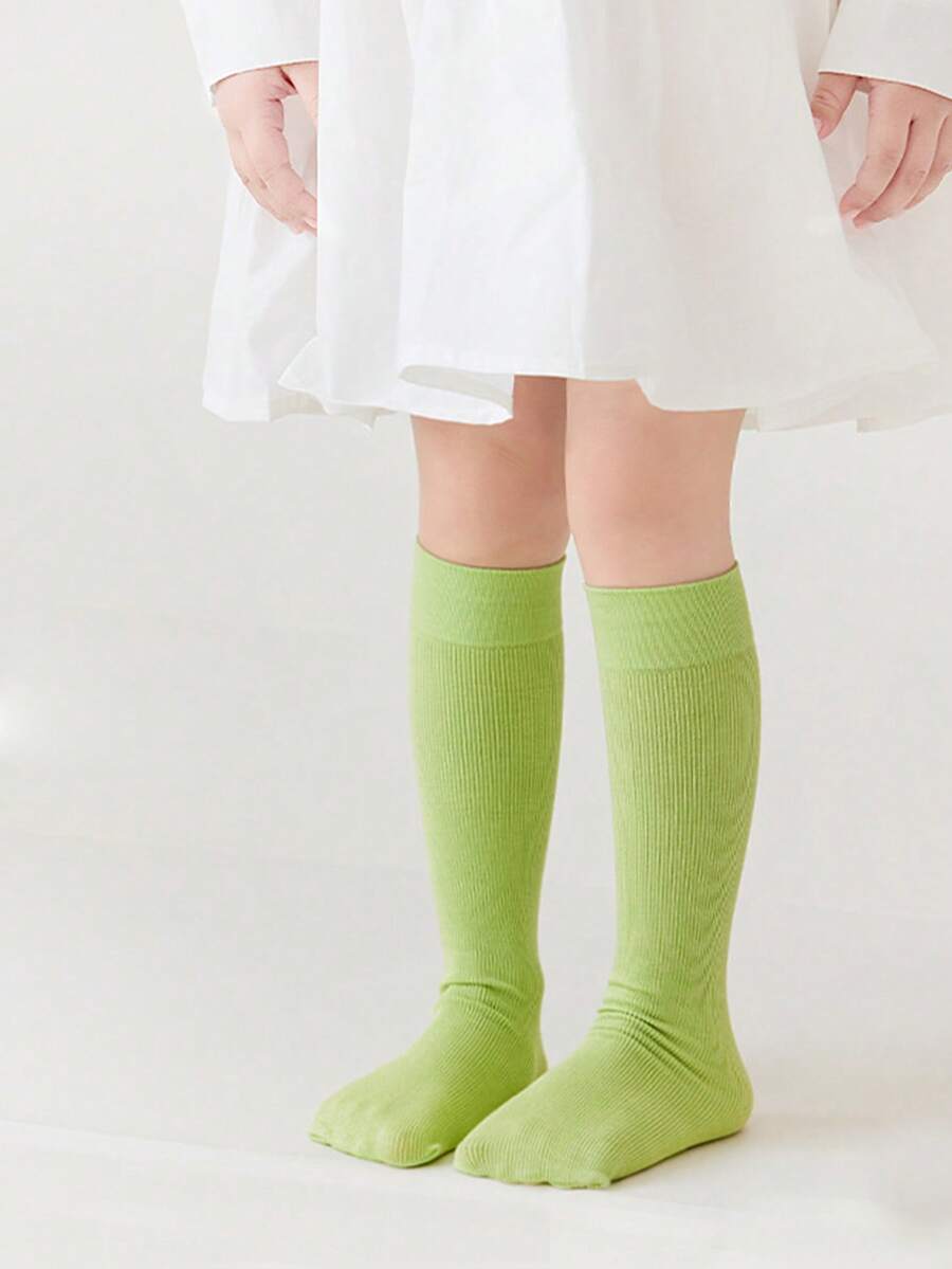 1双儿童袜子，简约纯色竖条纹，柔软舒适过膝袜 - 綠色 - 查看 1
