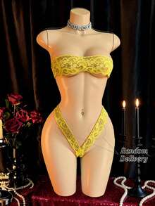 Set de 2 bragas ultraligeras y transpirables de unicolor y encaje sexy para mujer - Amarillo - Ver 5