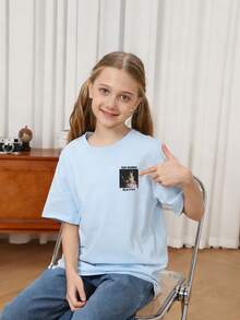 Tween Girls Casual Graphic Print Crew Neck Short Sleeve T-Shirt, Summer Top - Baby Blue - View 3