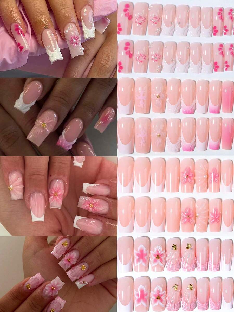 96片（4种不同款式）长方形3D凝胶美甲贴纸，可打造珍珠花朵美甲、白色法式美甲贴片，亚克力材质，完美贴合假指甲。套装包含：1瓶果冻凝胶和1把指甲锉。夏季美甲，让您的指尖闪耀动人，适合女性日常工作和派对场合。 - 彩色 - 查看 1